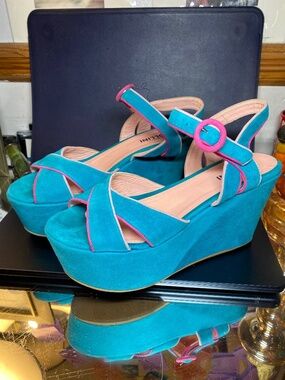 Studio Pollini Italy Turquoise Suede Colorblock Platform Wedge Sandals 38 US 8